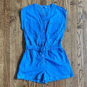 Mayoral girls’ blue chambray belted romper, size 14. Like new